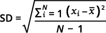 
							
								An equation. SD equals the square root of the sum of the square of the differences between each data point and the mean, divided by N-1. 
							
							